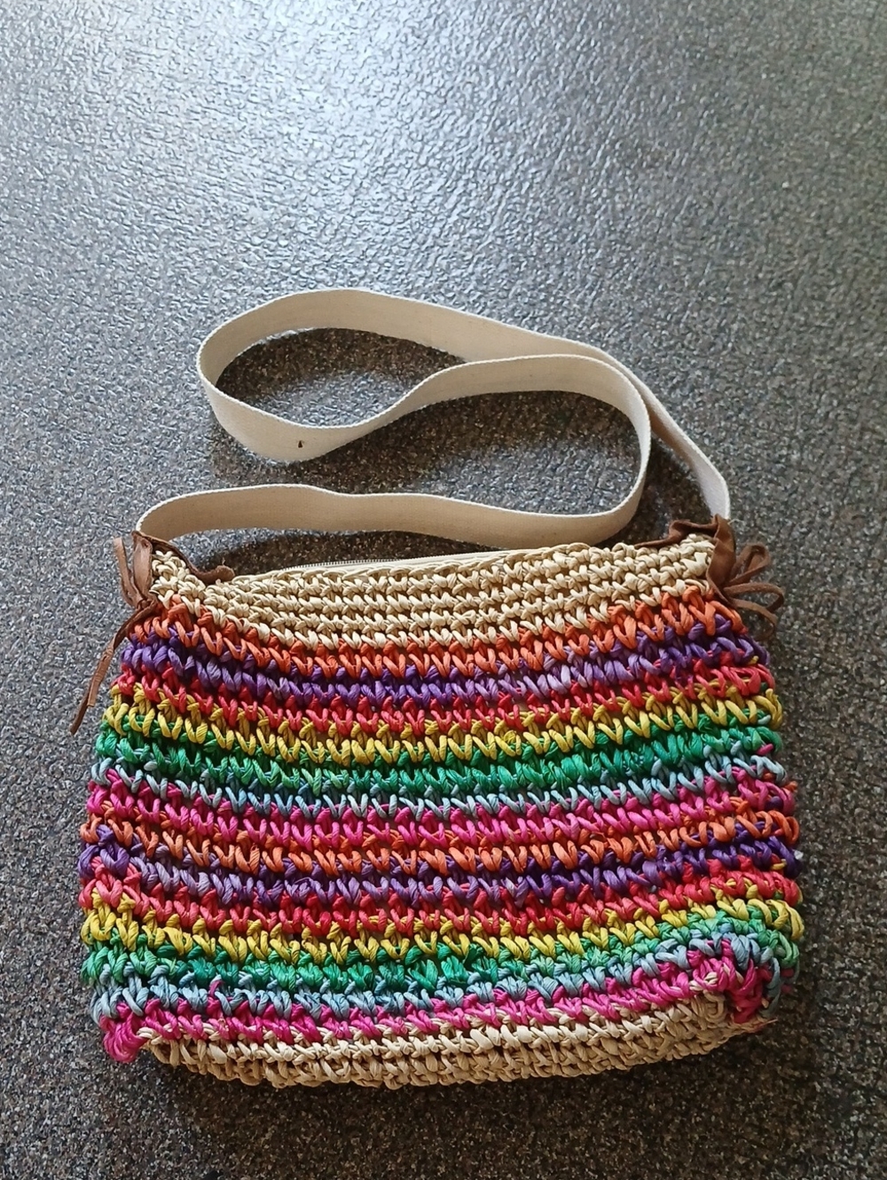 Handwoven Multicolor Straw Crossbody Bag Rainbow Stripes Zipper Closure